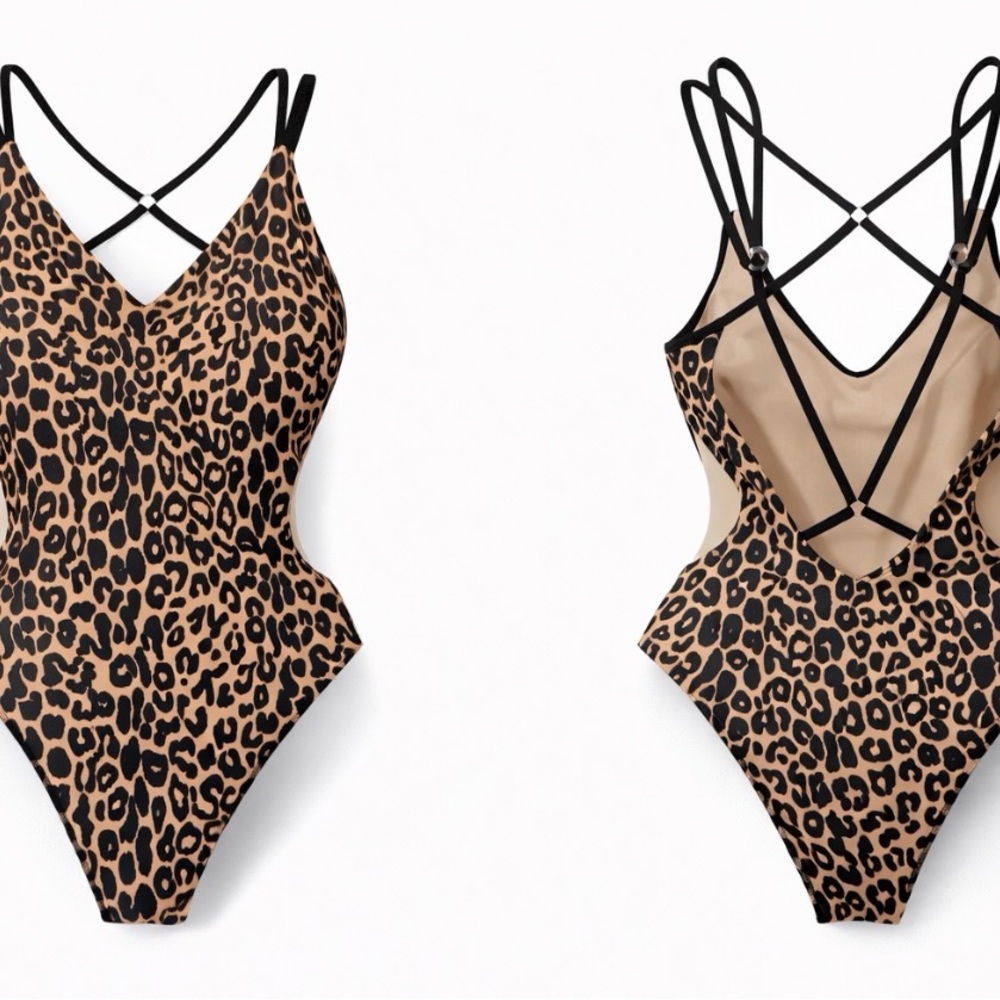 SHEIN Leopard Print Cutout One-Piece Swimsuit - Tan/Black sz M